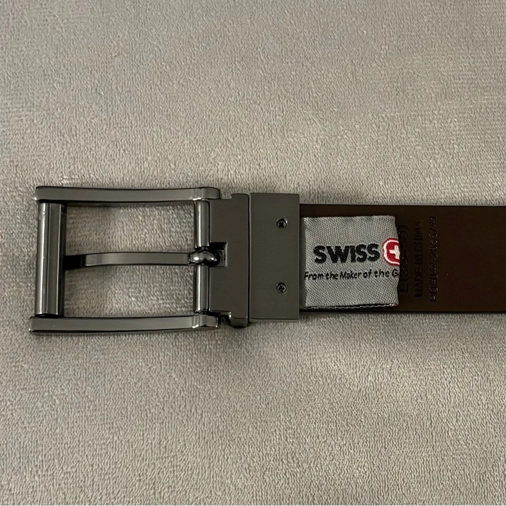 Men’s Swiss Brown/Black Leather Belt with Silver Buckle